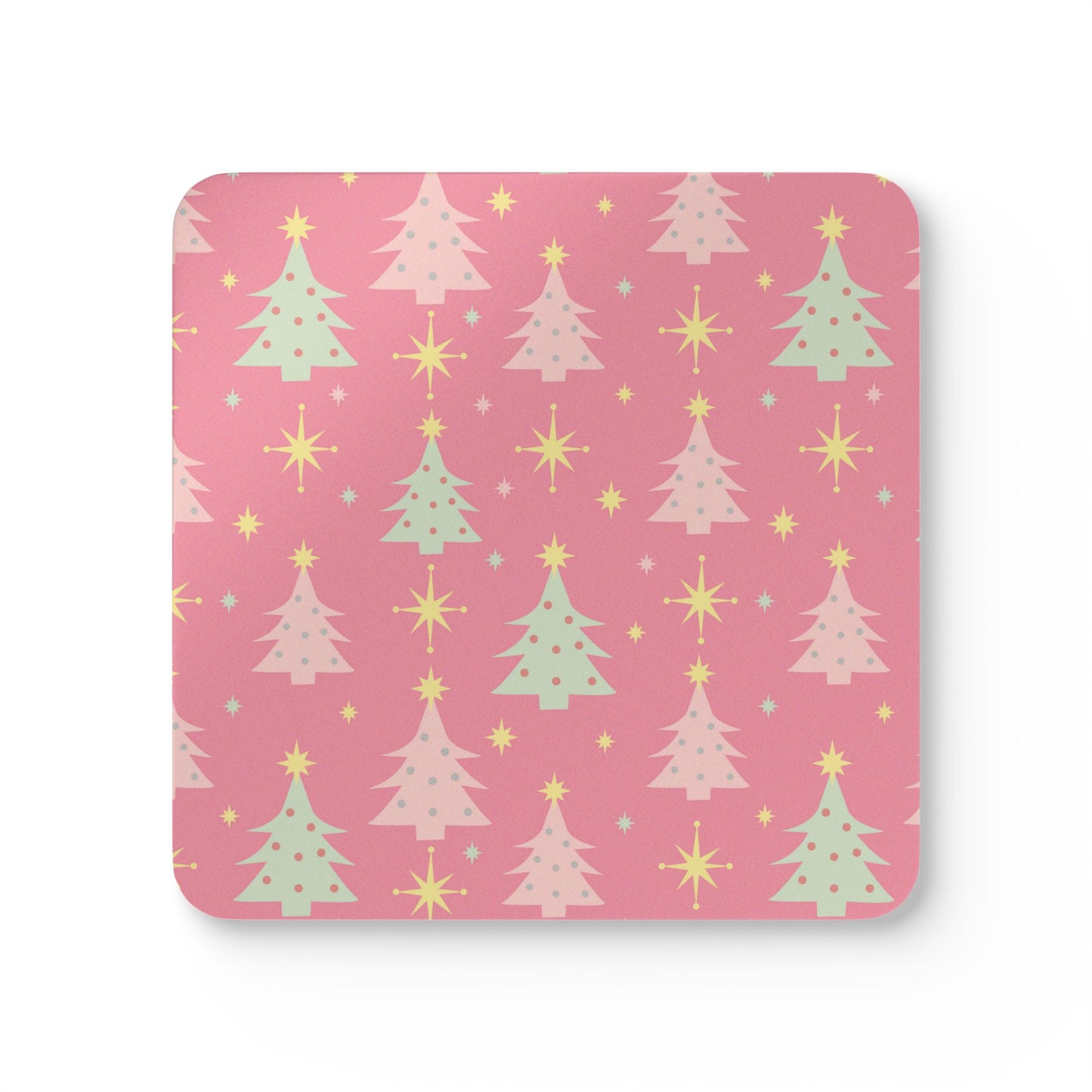 Pink Retro Christmas Tree Cork Coaster Set