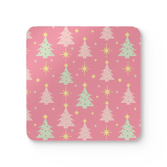 Pink Retro Christmas Tree Cork Coaster Set
