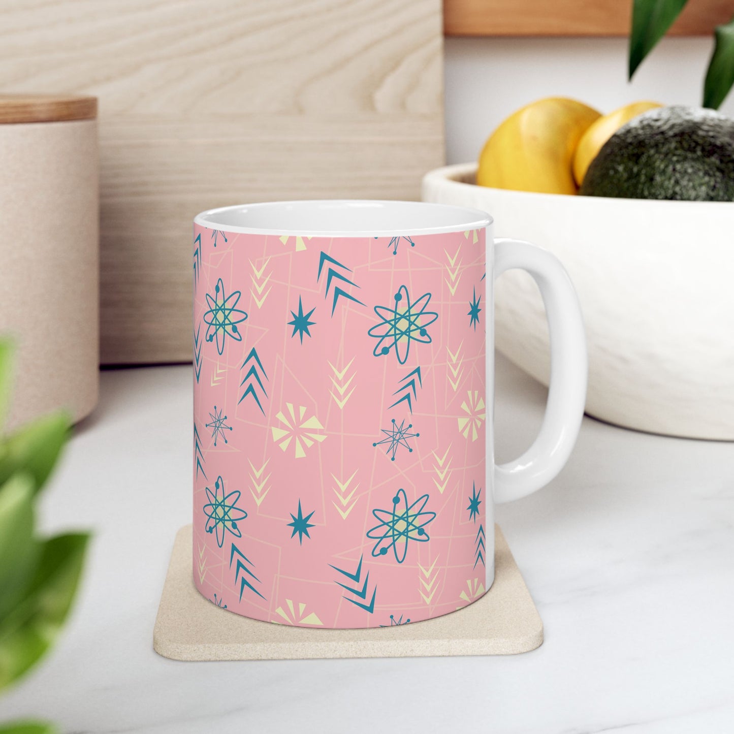 Pink Retro Starburst Ceramic Mug – Mid-Century Modern Coffee Cup (11oz/15oz)