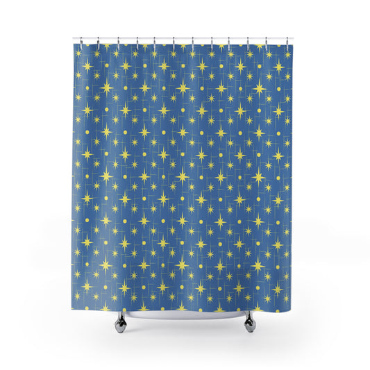 Starry Night Shower Curtain — Retro Yellow Stars on Blue Bathroom Curtain
