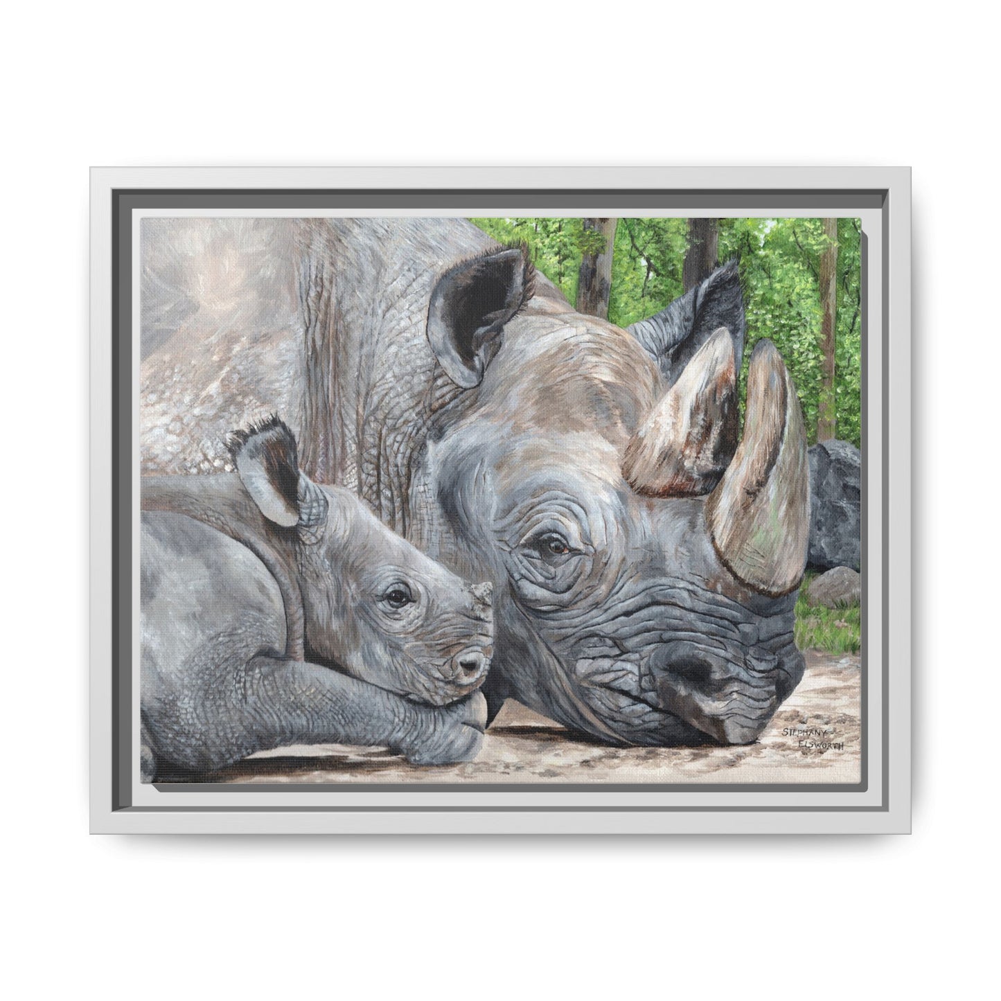 Framed Rhino & Calf Matte Canvas Print — Wildlife Nursery Wall Art