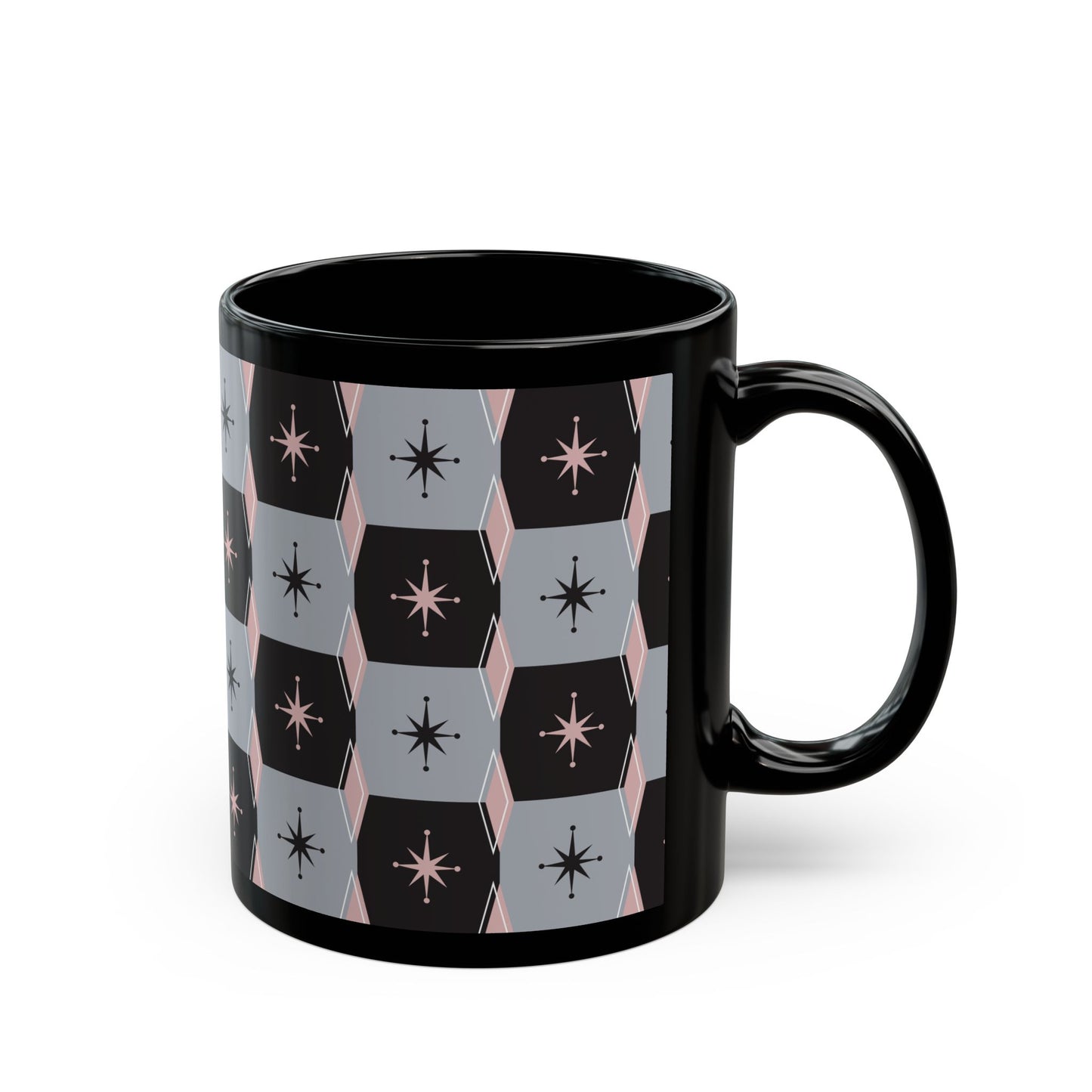 Retro Starburst Black Mug — Mid-Century Geometric Coffee Cup (11oz/15oz)
