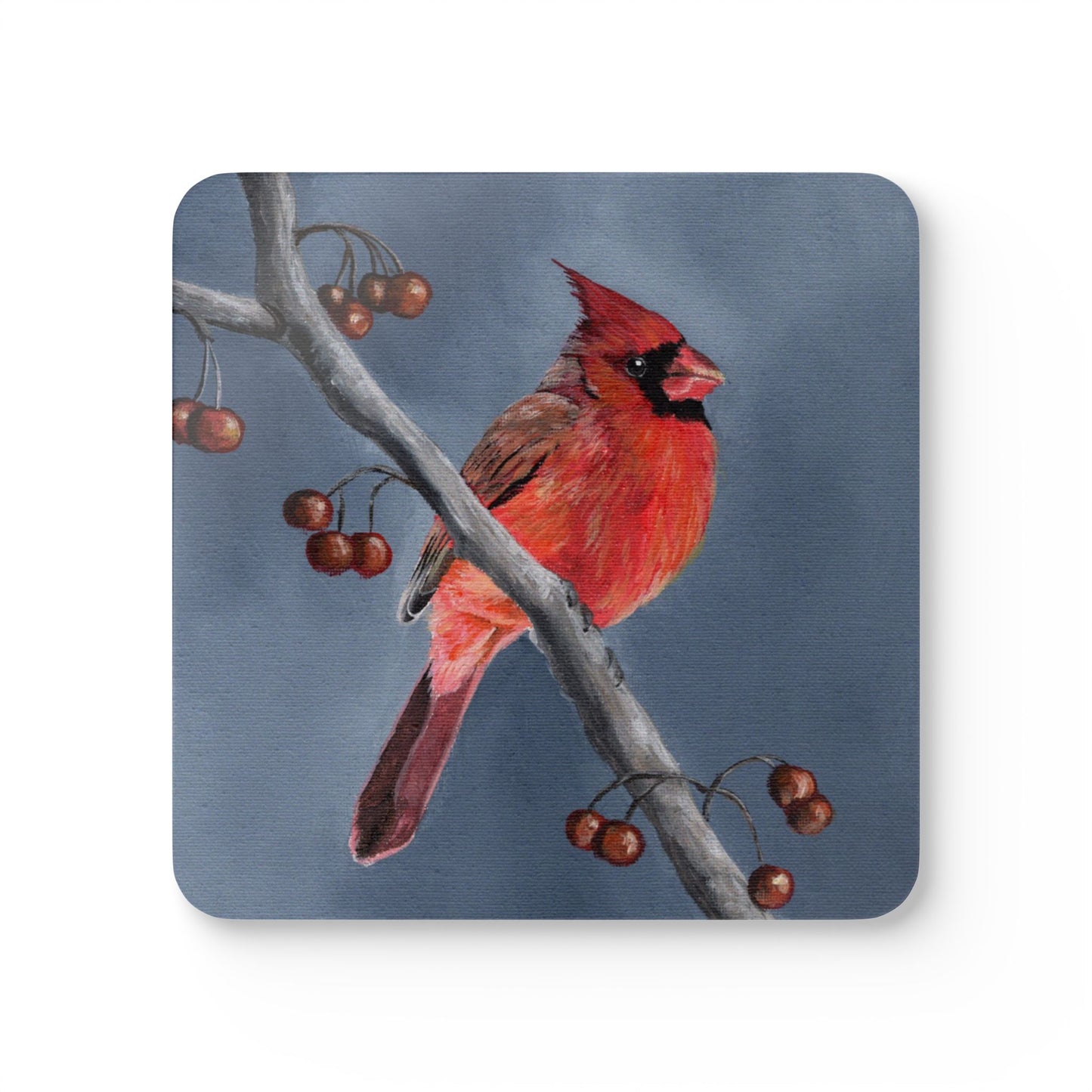 Cardinal Bird Cork Coaster Set — Hand-Painted Red Cardinal Drink Coasters (4-Pack)