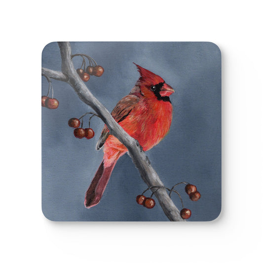 Cardinal Bird Cork Coaster Set — Hand-Painted Red Cardinal Drink Coasters (4-Pack)
