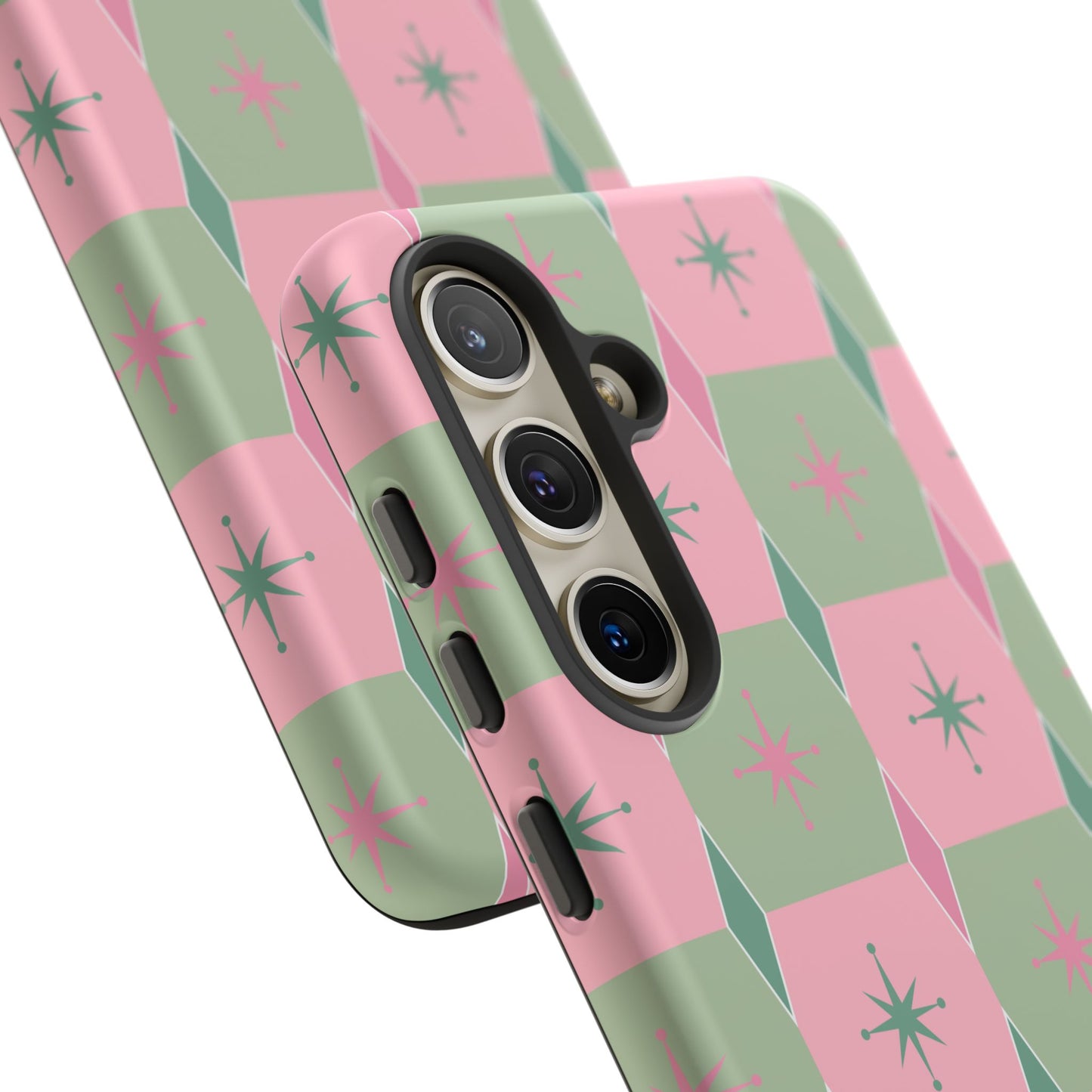 1950s Retro Square and Diamond Pattern in Pink and Green Tough Cases