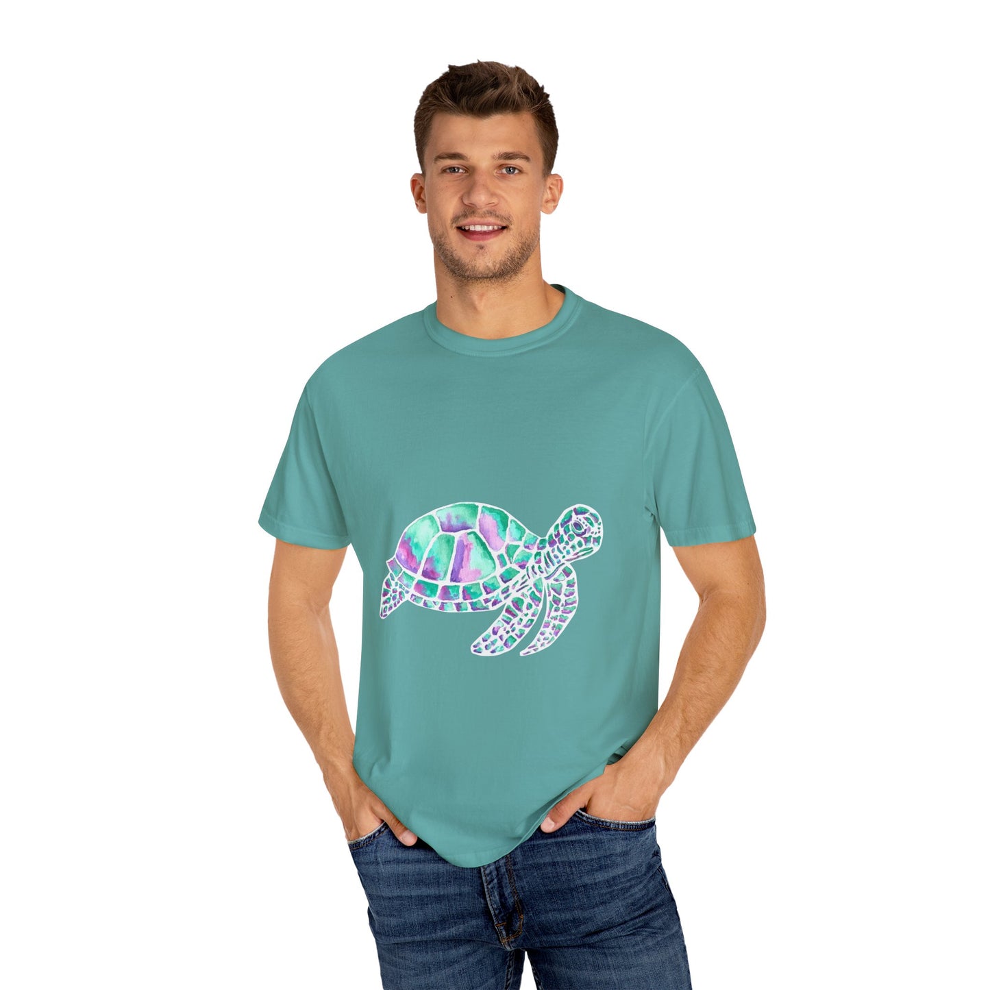 Sea Turtle in Teal and Purple Unisex Garment-Dyed T-shirt