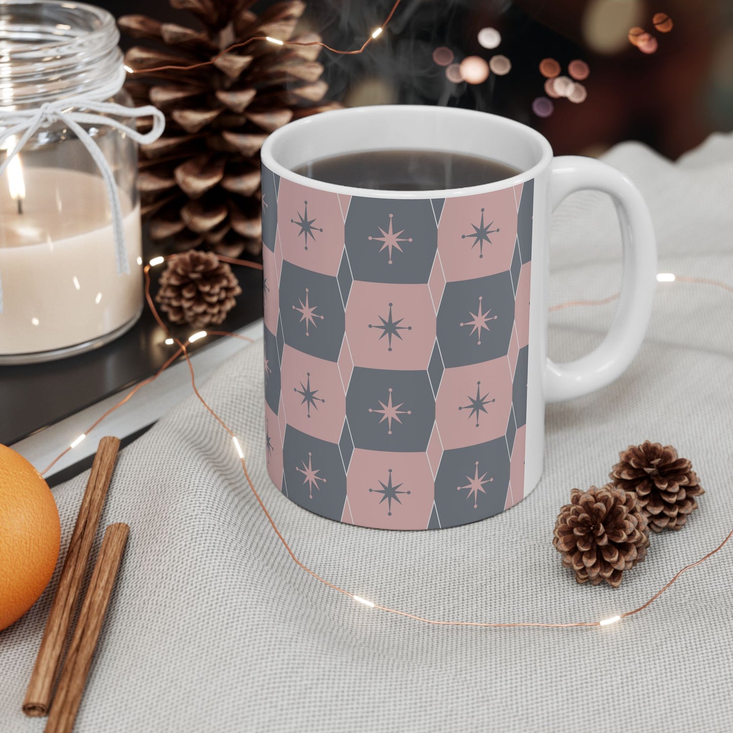 Mid-Century Starburst Ceramic Mug — Pink & Slate Geometric Pattern (11oz, 15oz)