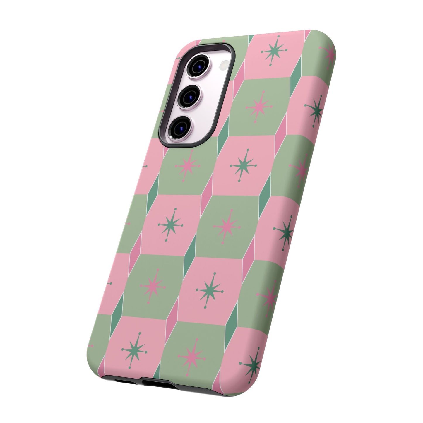 1950s Retro Square and Diamond Pattern in Pink and Green Tough Cases