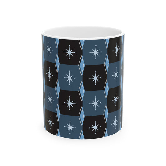 Retro Starburst Pattern Ceramic Mug — Mid-Century Modern Blue Coffee Cup (11oz, 15oz)