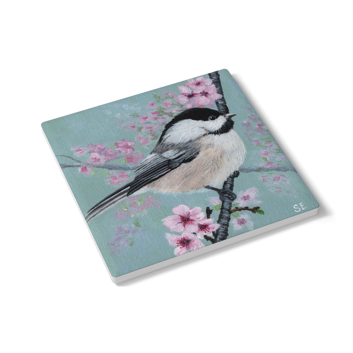 Chickadee & Cherry Blossom Ceramic Coaster — Spring Bird Drink Coaster
