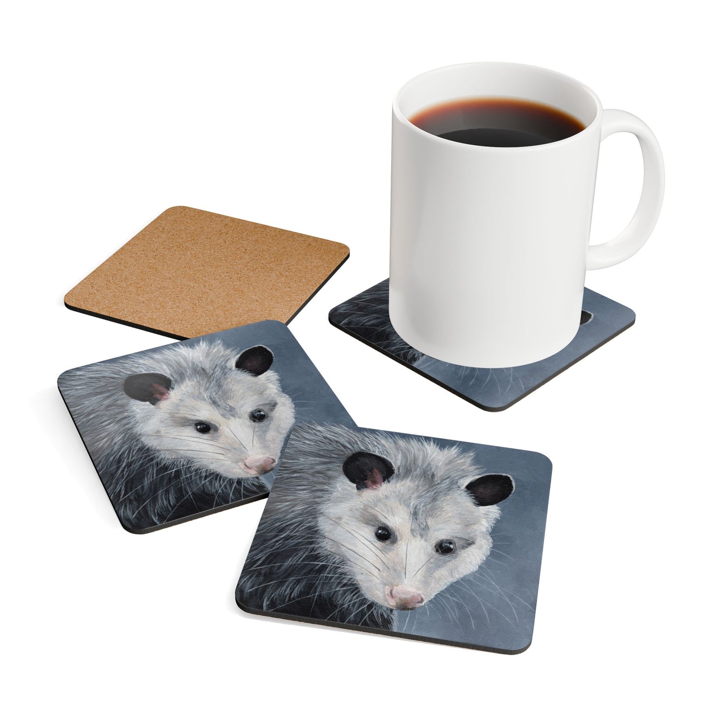 Opossum Cork Coaster Set — Hand-Painted Wildlife Drink Coasters (4-Pack)
