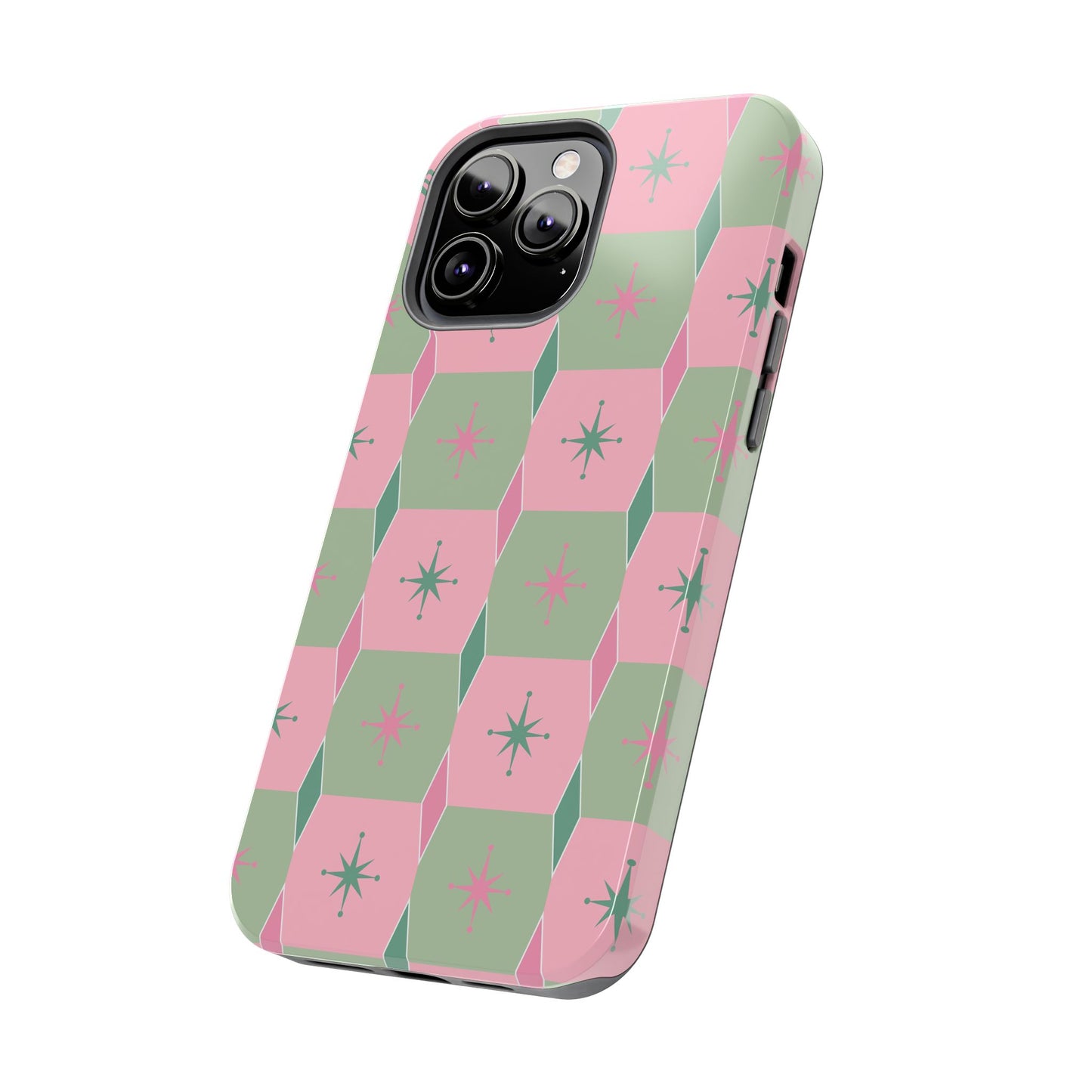 1950s Retro Square and Diamond Pattern in Pink and Green Tough iPhone Cases