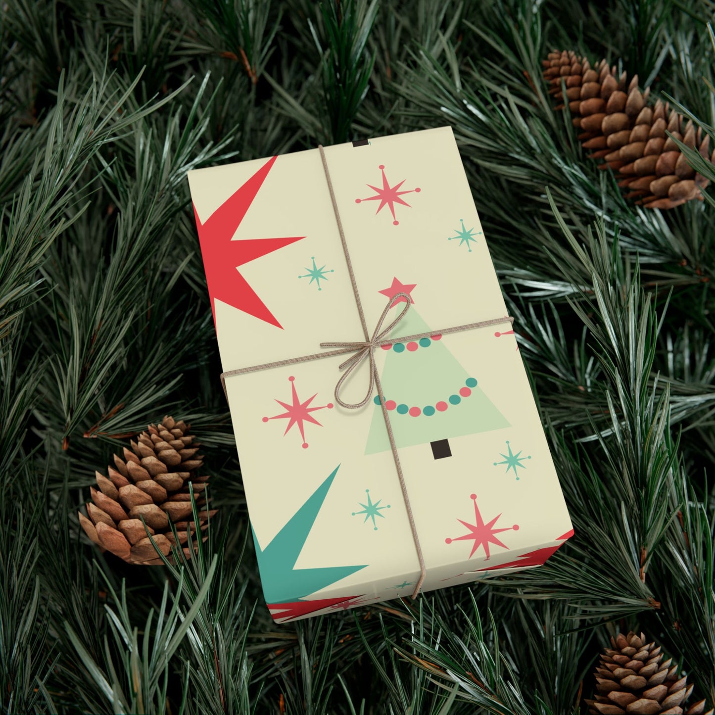 Retro Mid-Century Christmas Gift Wrap Paper – Starburst & Tree Pattern