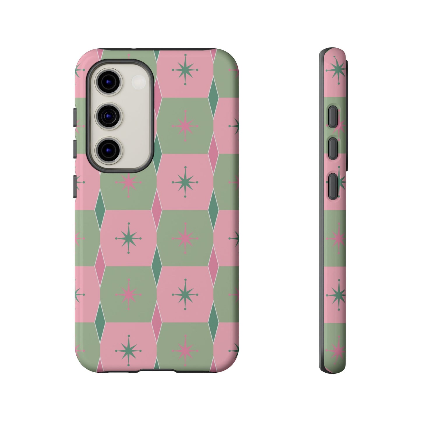 1950s Retro Square and Diamond Pattern in Pink and Green Tough Cases