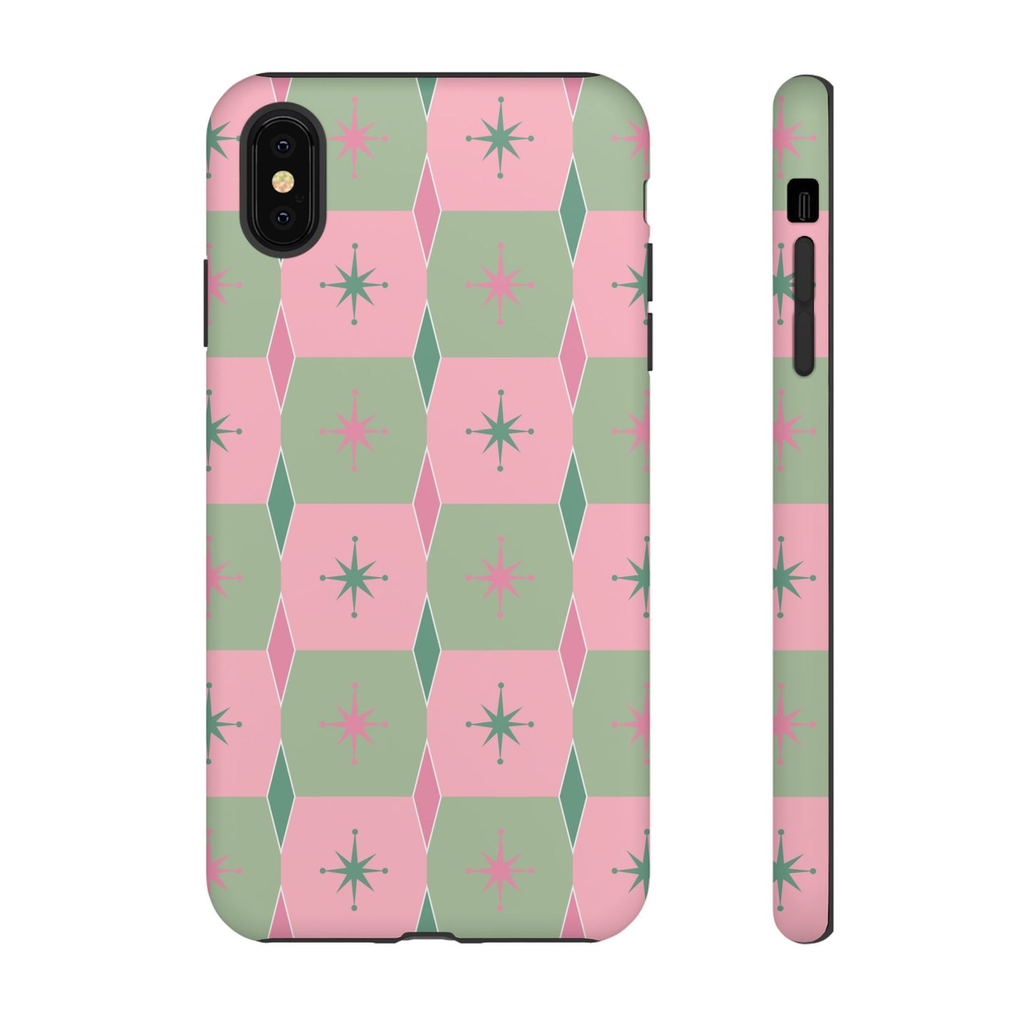 1950s Retro Square and Diamond Pattern in Pink and Green Tough Cases