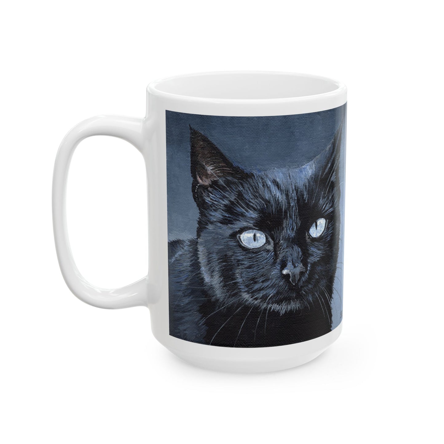 Black Cat Portrait Mug — Ceramic Coffee Cup with Moody Blue Background (11oz, 15oz)