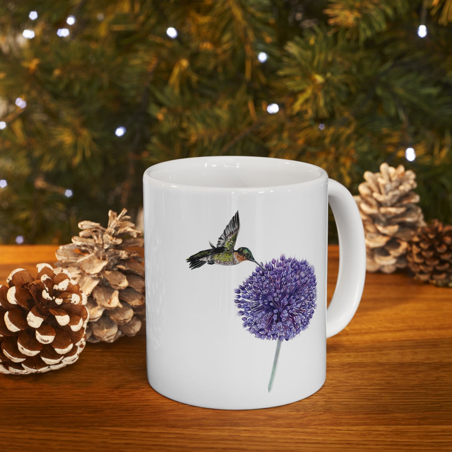 Hummingbird and Yorktown Onion Ceramic Mug — Purple Allium Floral & Hummingbird Coffee Cup (11oz & 15oz)