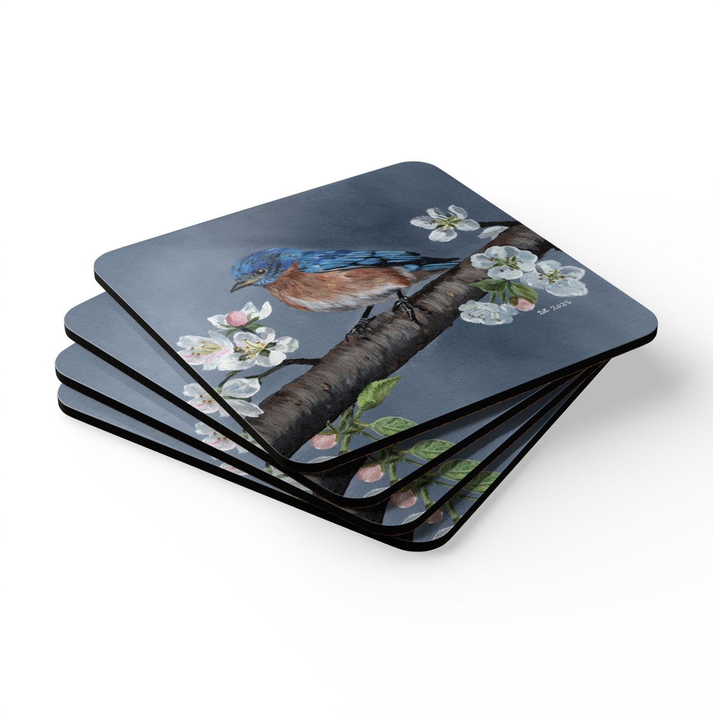 Bluebird & Blossoms Cork Coaster Set — 4-Pack Decorative Drink Coasters