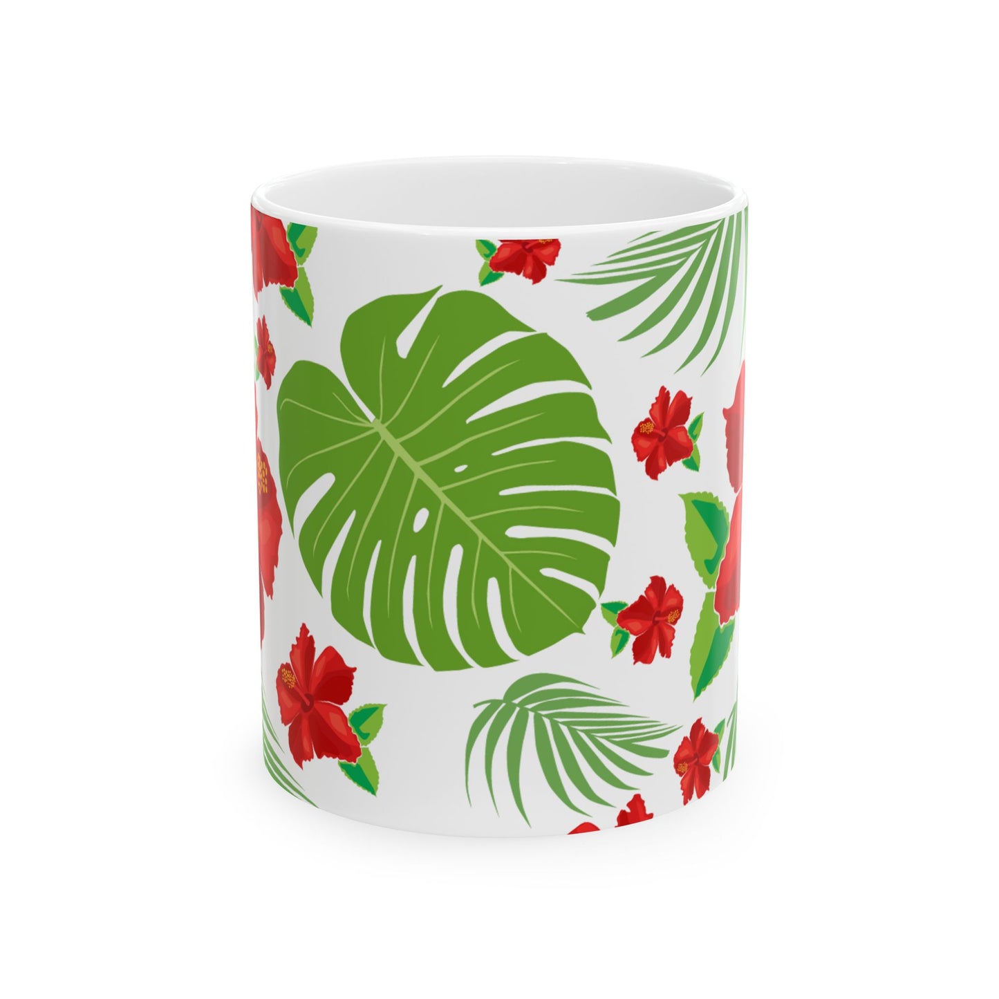 Red Hibiscus and Monstera Leaf Pattern Ceramic Mug 11oz