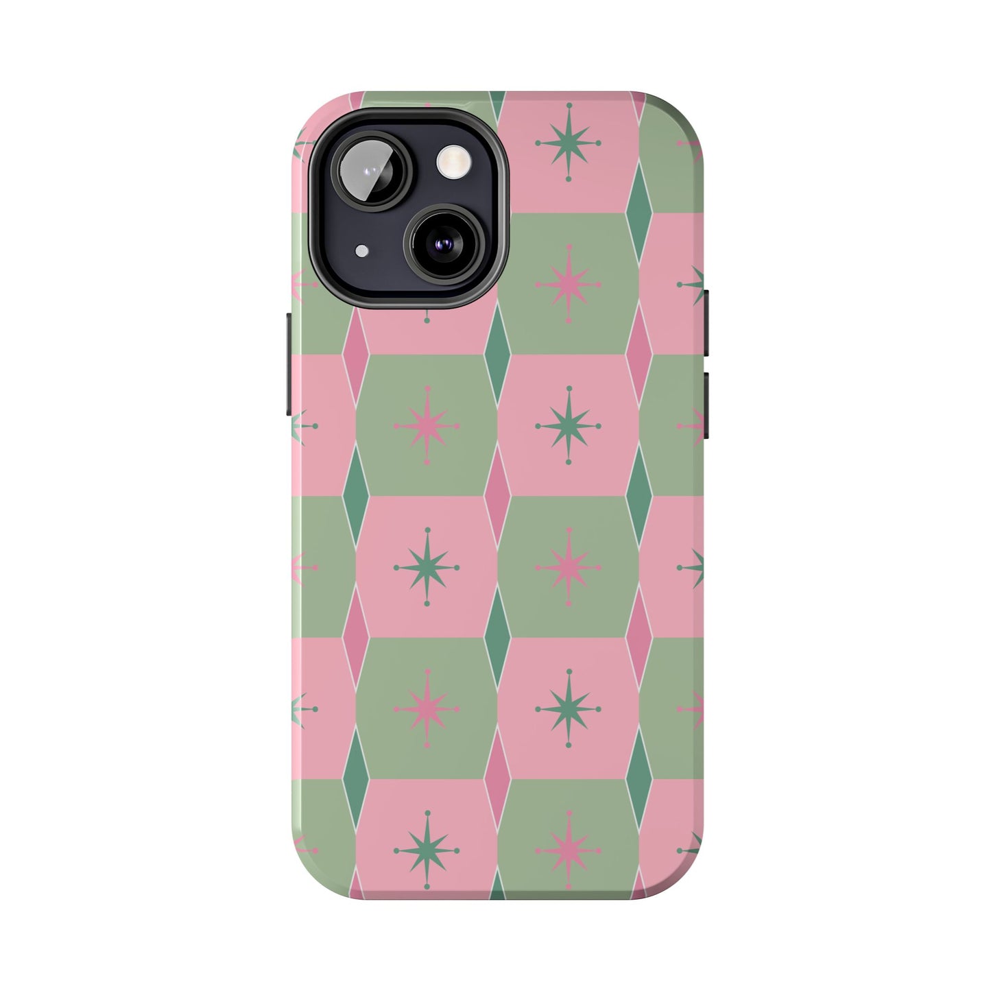 1950s Retro Square and Diamond Pattern in Pink and Green Tough iPhone Cases