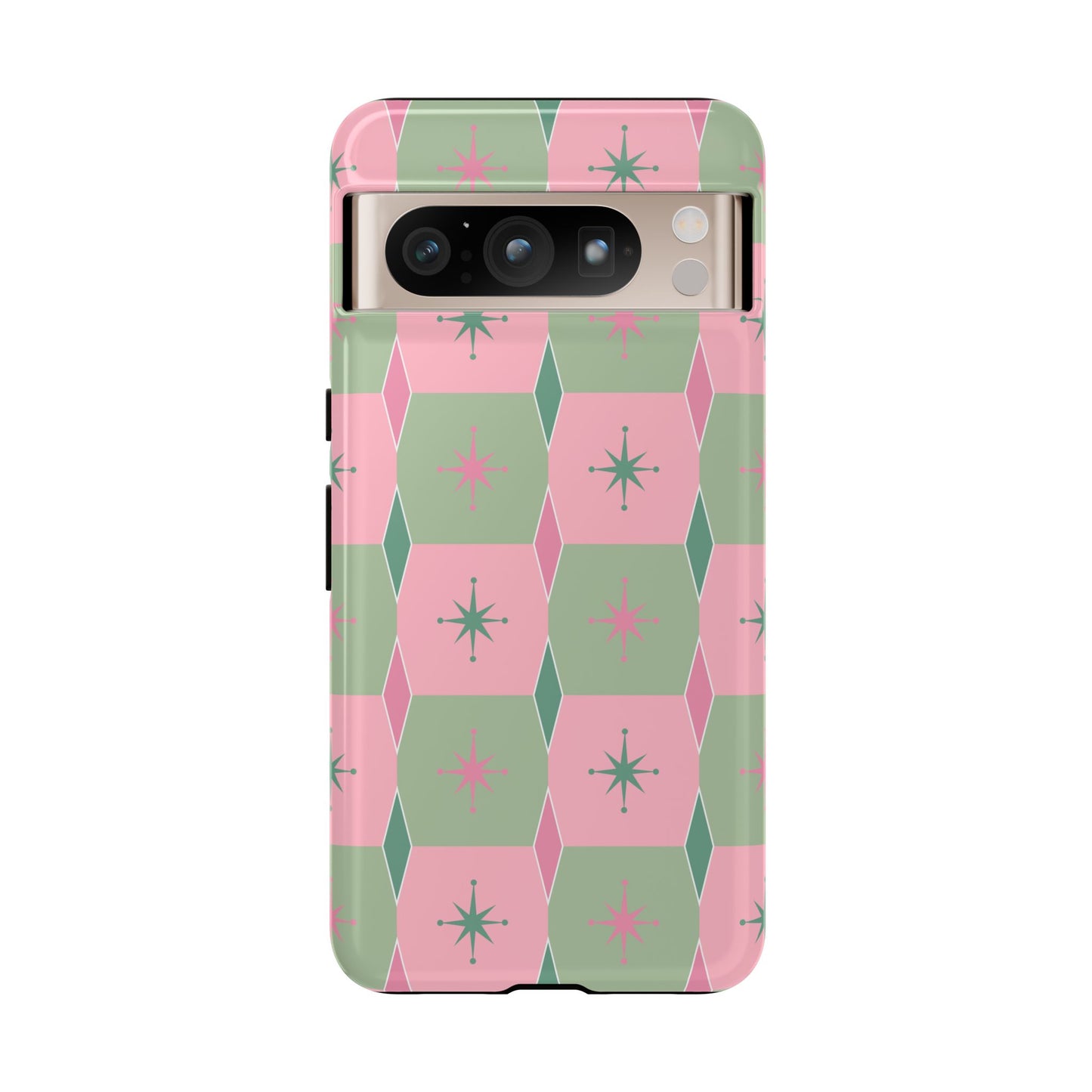 1950s Retro Square and Diamond Pattern in Pink and Green Tough Cases