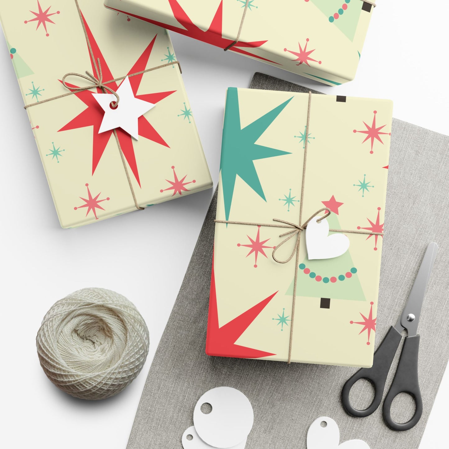 Retro Mid-Century Christmas Gift Wrap Paper – Starburst & Tree Pattern
