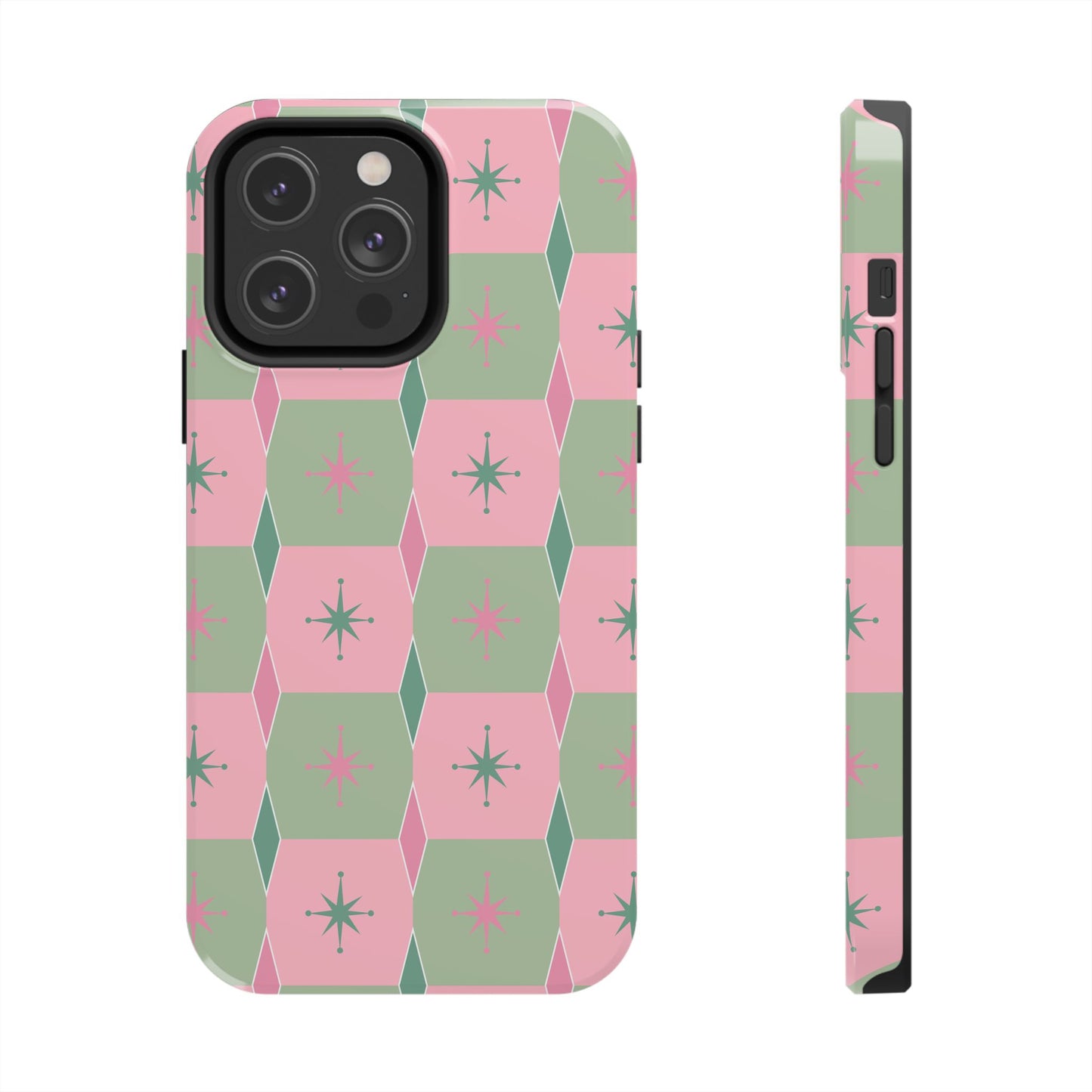 1950s Retro Square and Diamond Pattern in Pink and Green Tough iPhone Cases