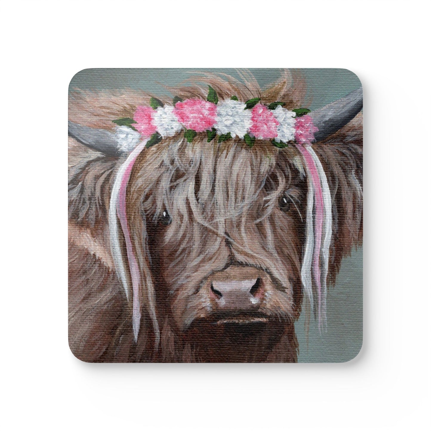 Highland Cow Floral Cork Coaster Set — Cute Farmhouse Drink Coasters (4-Pack)