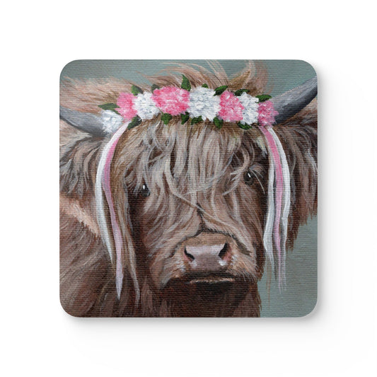 Highland Cow Floral Cork Coaster Set — Cute Farmhouse Drink Coasters (4-Pack)