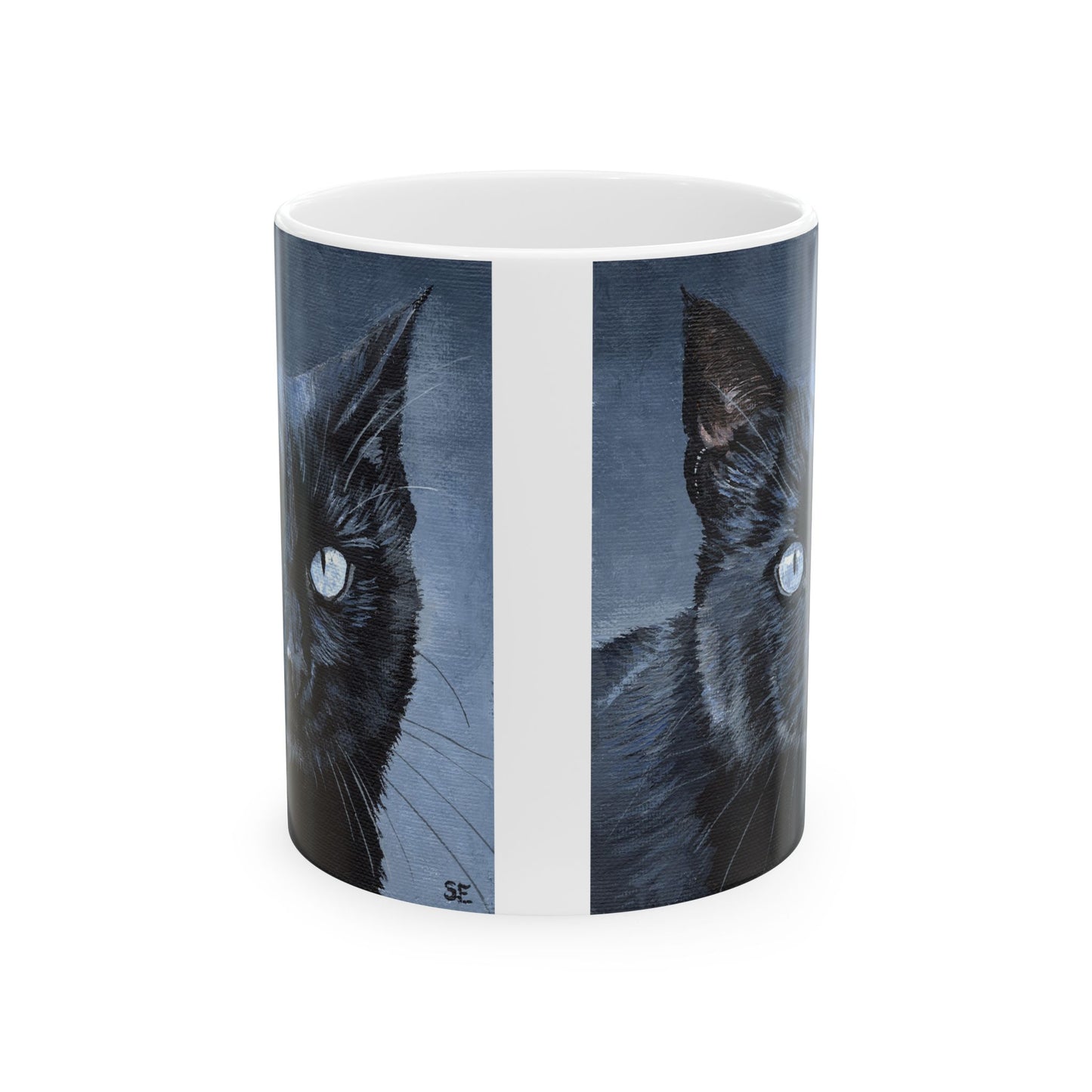 Black Cat Portrait Mug — Ceramic Coffee Cup with Moody Blue Background (11oz, 15oz)