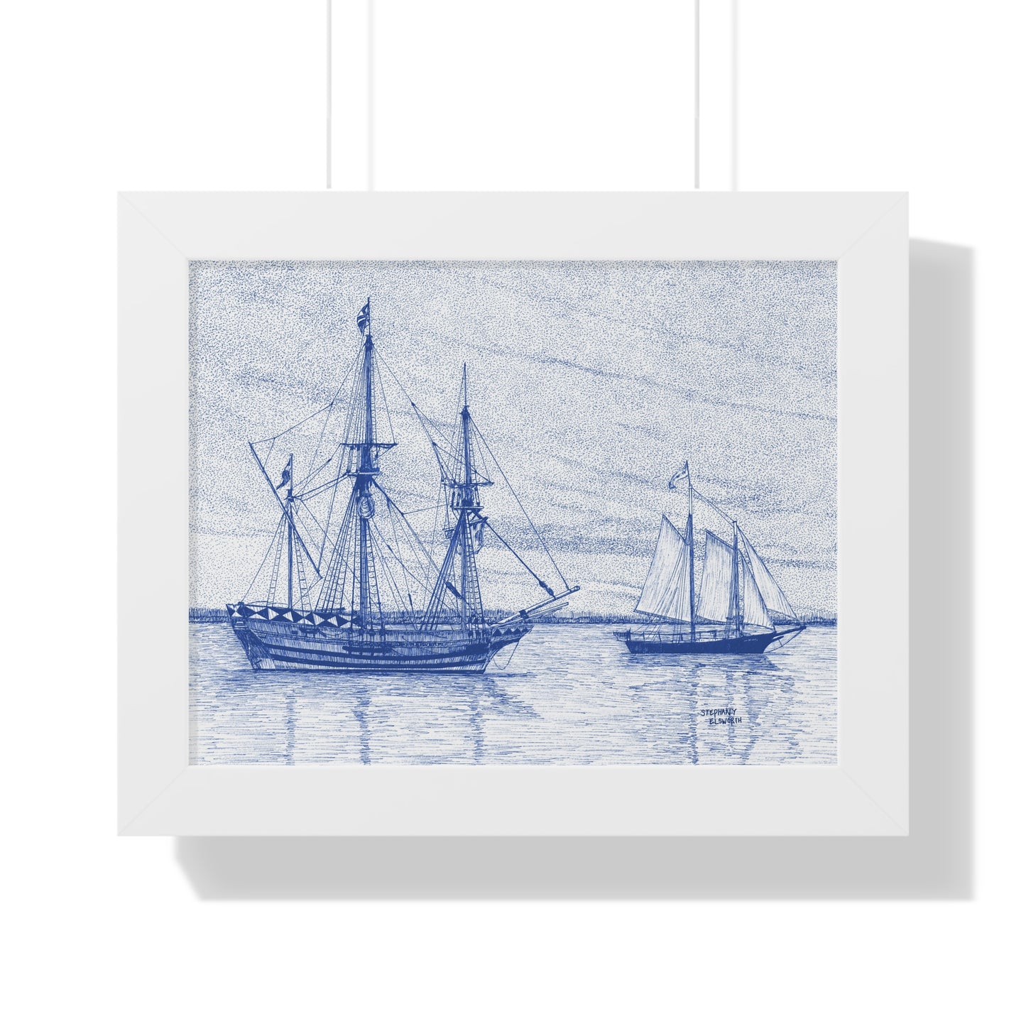 Framed Poster — Vintage Blue Nautical Ship Sketch
