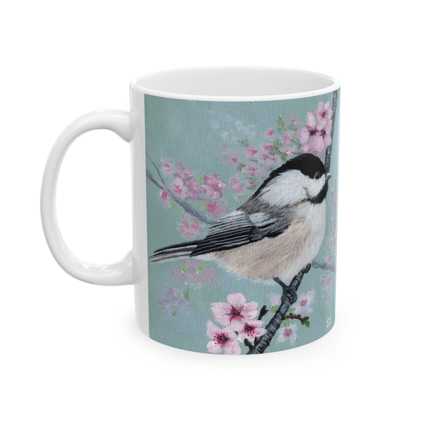 Chickadee Blossom Ceramic Mug — Floral Bird Coffee Cup (11oz & 15oz)