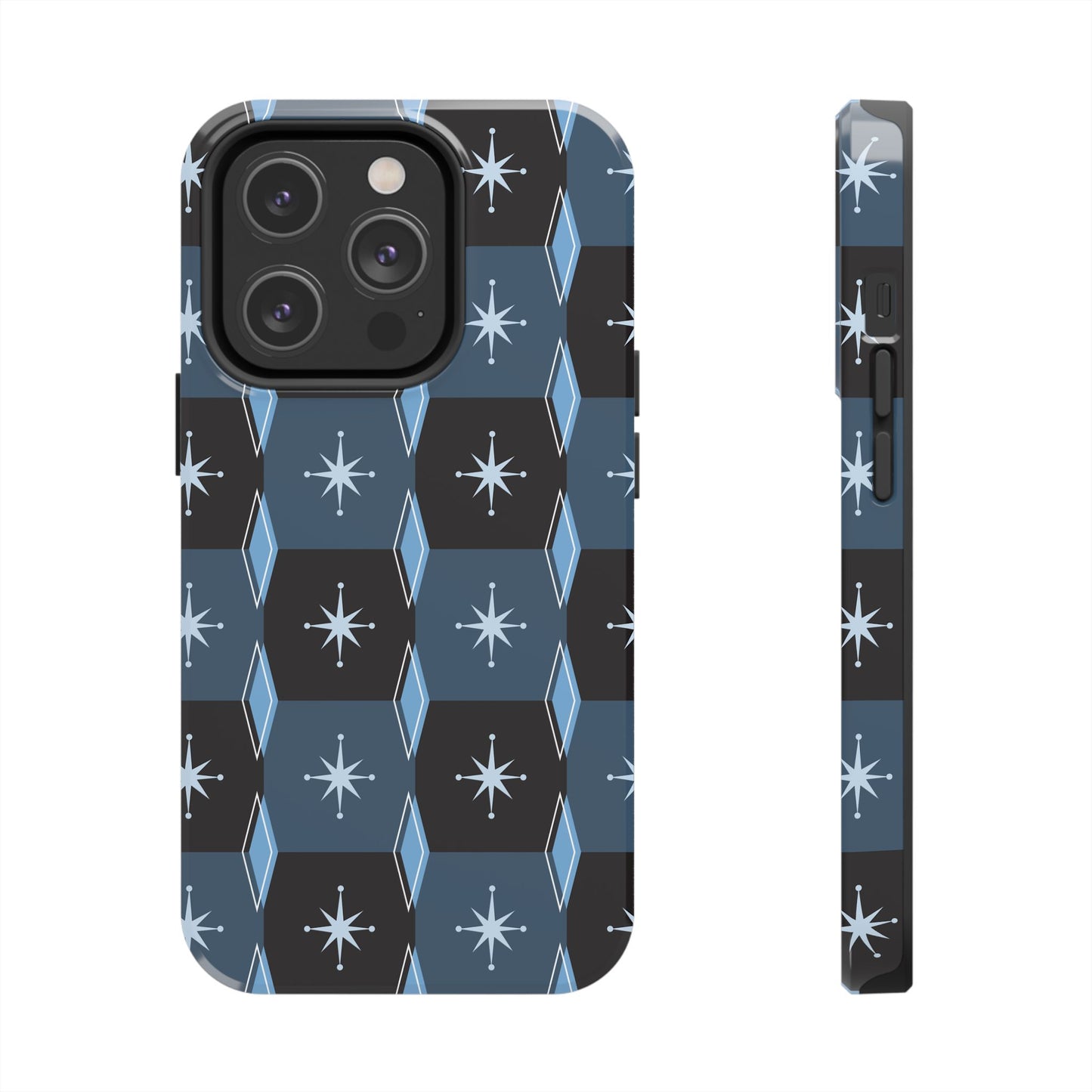 Blue and Black Diamond and Square Pattern Tough iPhone Cases