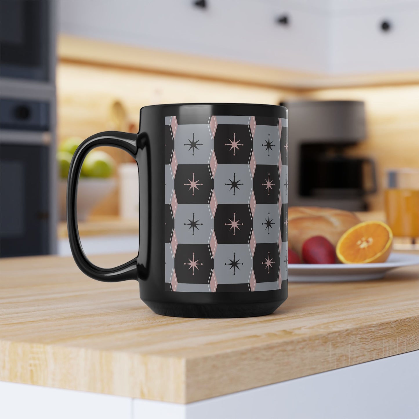 Retro Starburst Black Mug — Mid-Century Geometric Coffee Cup (11oz/15oz)