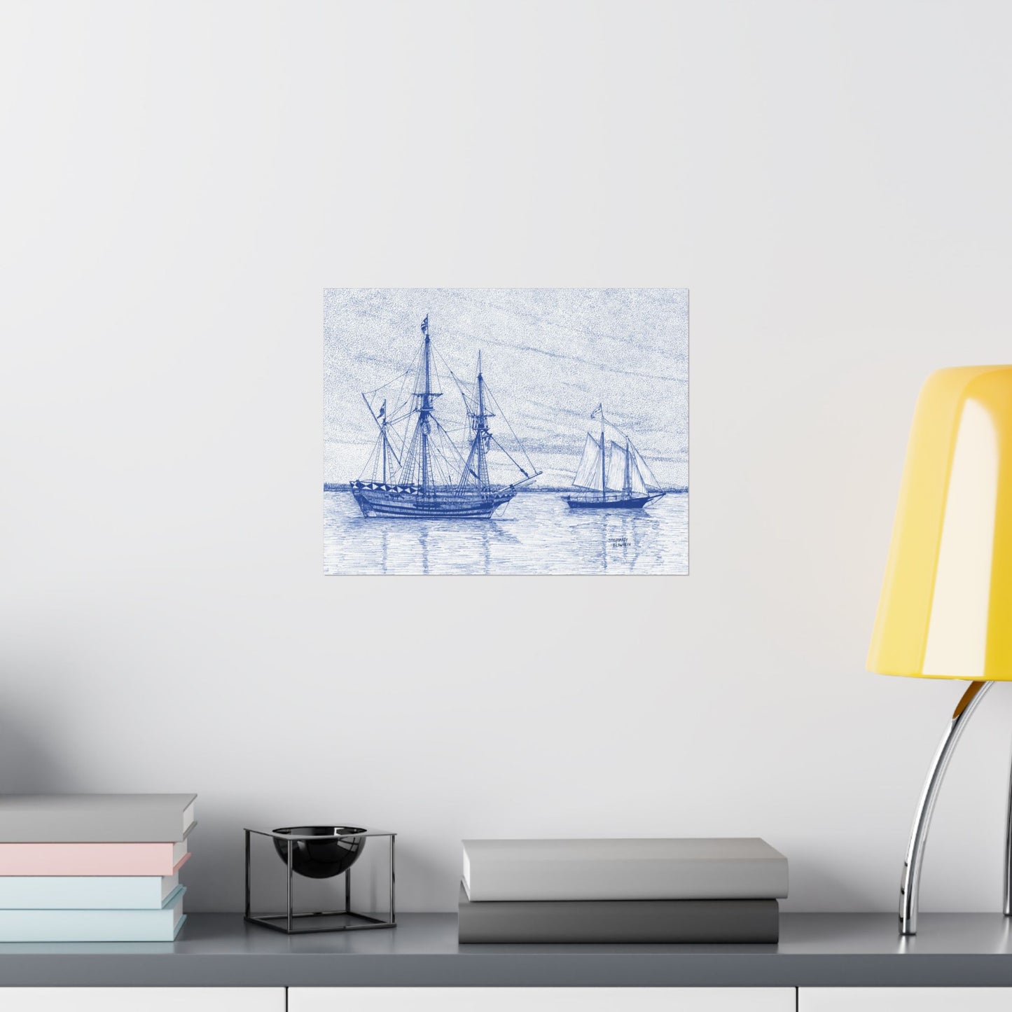 Sailboat Sketch Matte Poster — Blue Nautical Ship Wall Art