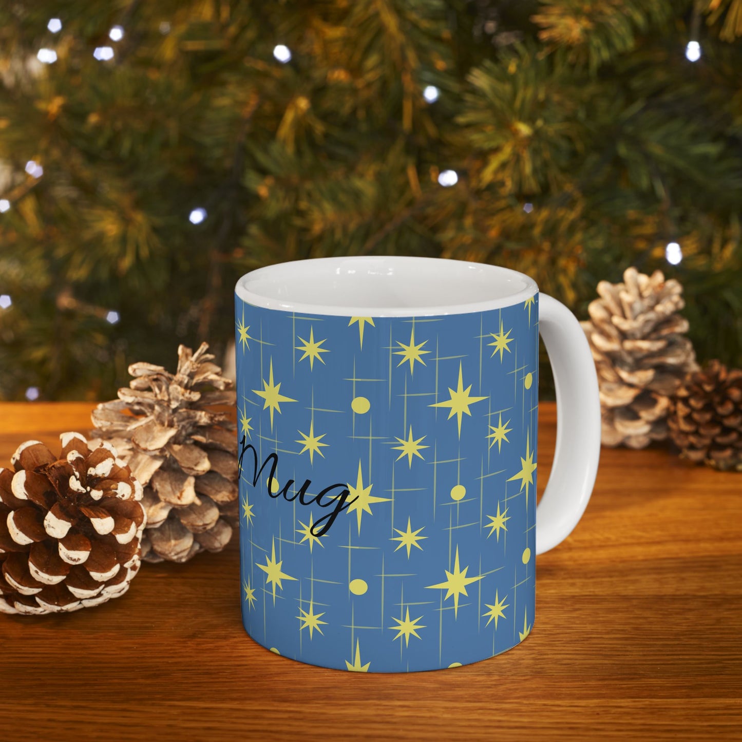 Retro Star Pattern Ceramic Mug — Blue & Yellow 11oz/15oz
