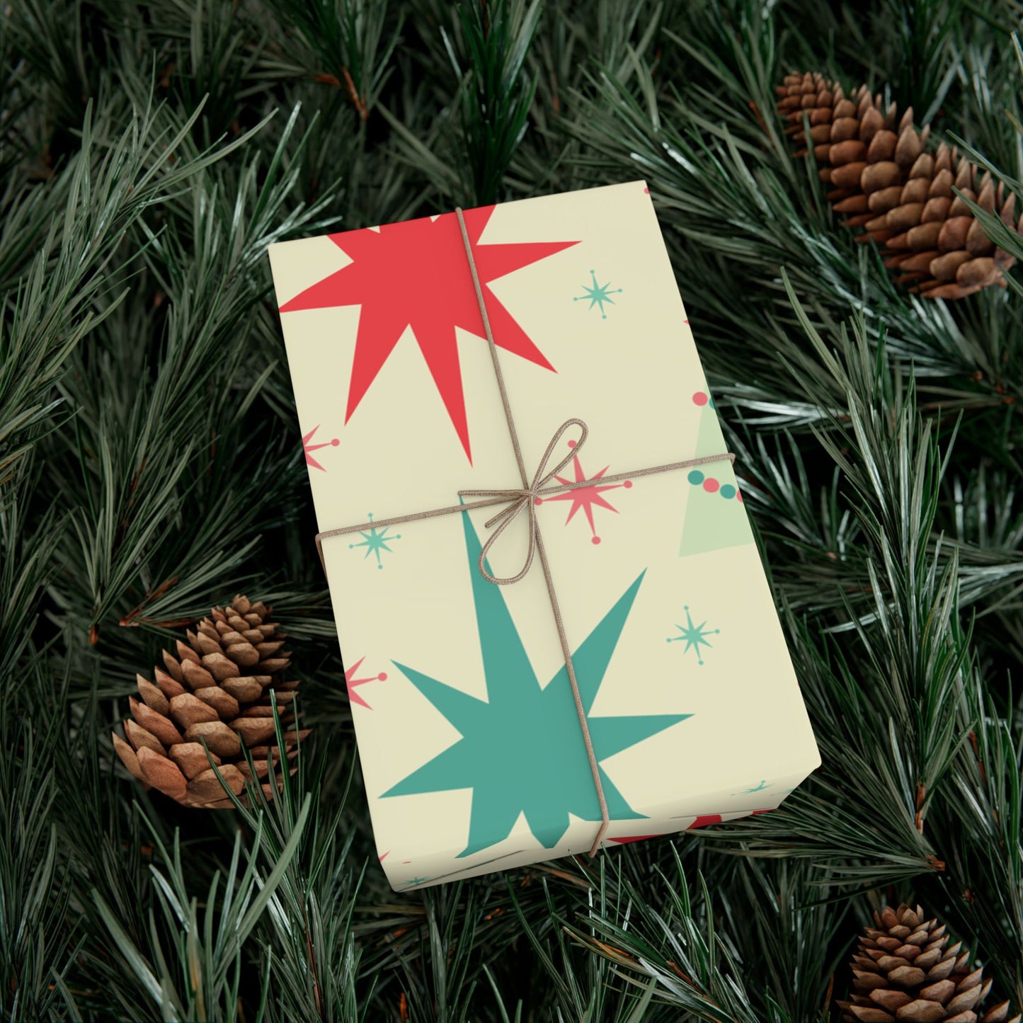 Retro Mid-Century Christmas Gift Wrap Paper – Starburst & Tree Pattern