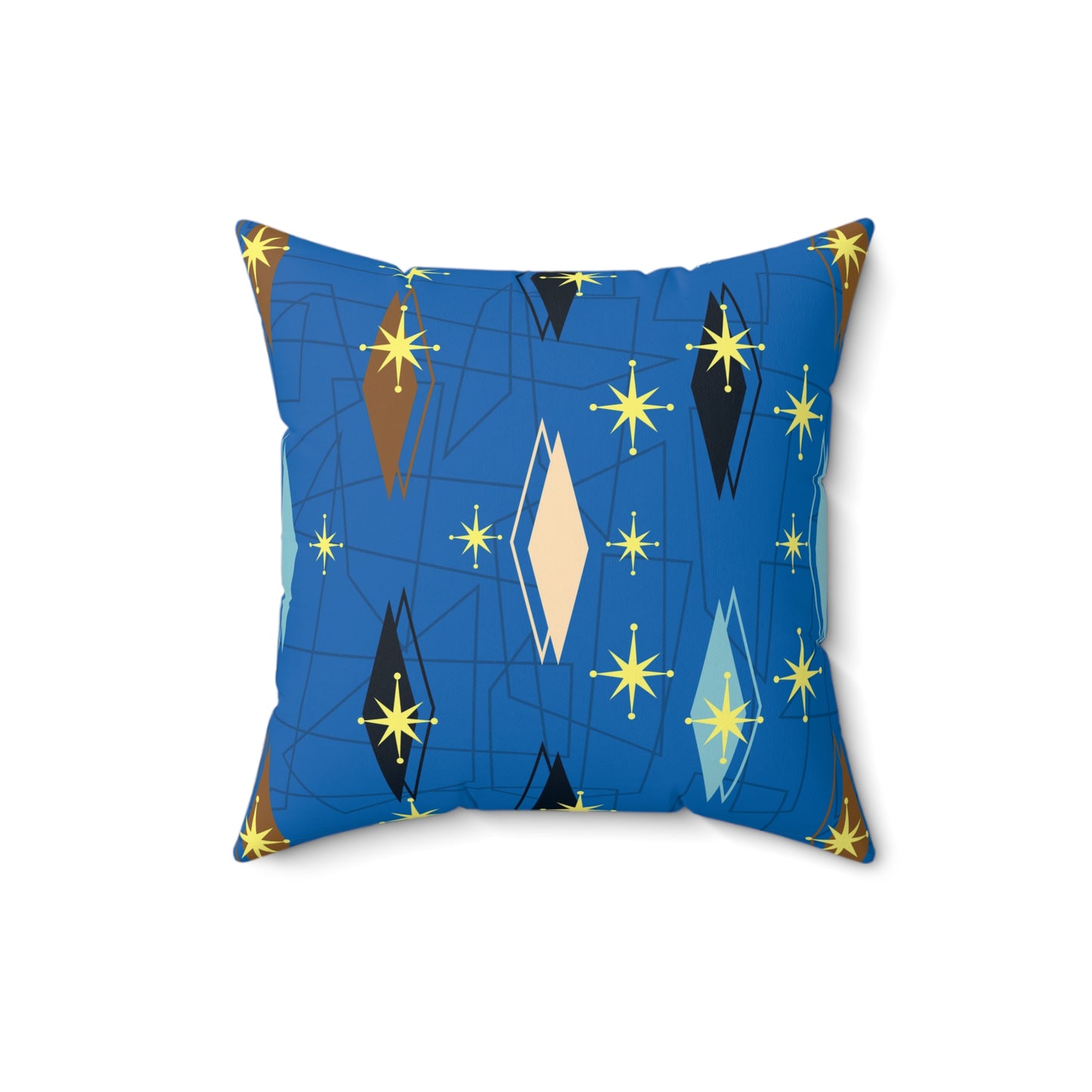 Mid-Century Starburst Decorative Pillow — Retro Blue Geometric Accent