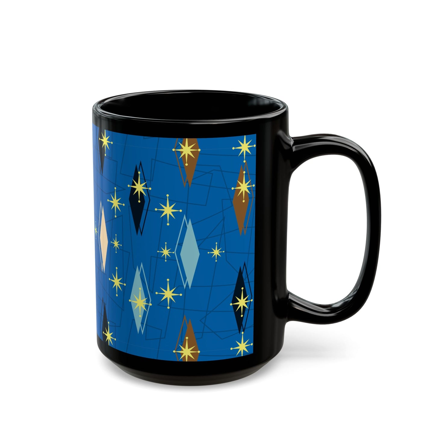 Retro Mid-Century Starburst Pattern Black Coffee Mug — Blue Geometric 11oz/15oz