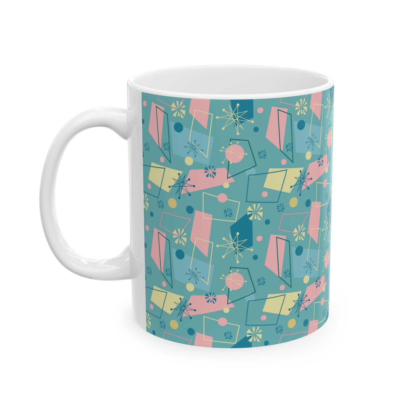 Mid-Century Modern Pattern Ceramic Mug — Retro Teal Atomic Design (11oz/15oz)