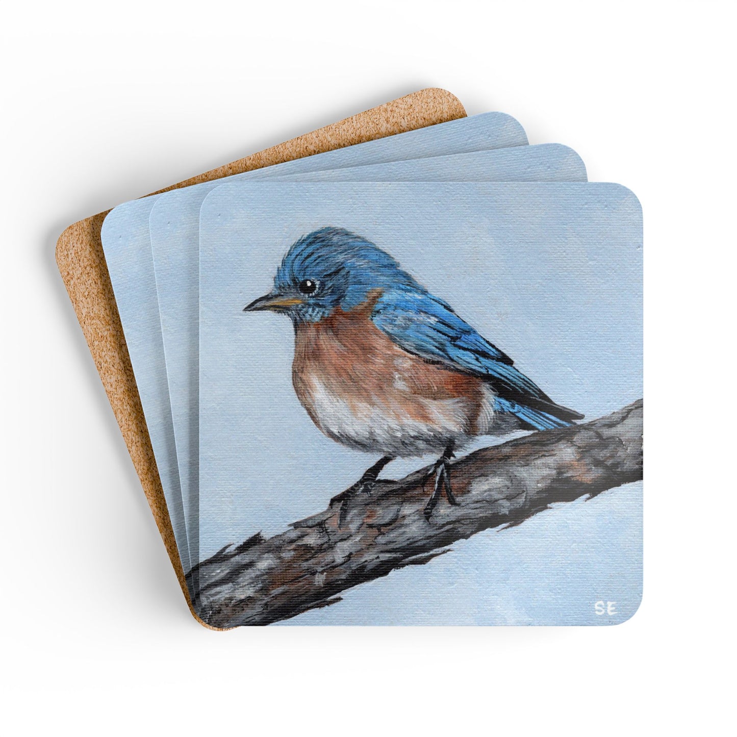 Bluebird Cork Coaster Set — Hand-Painted Bird Art Drink Coasters (4-Pack)