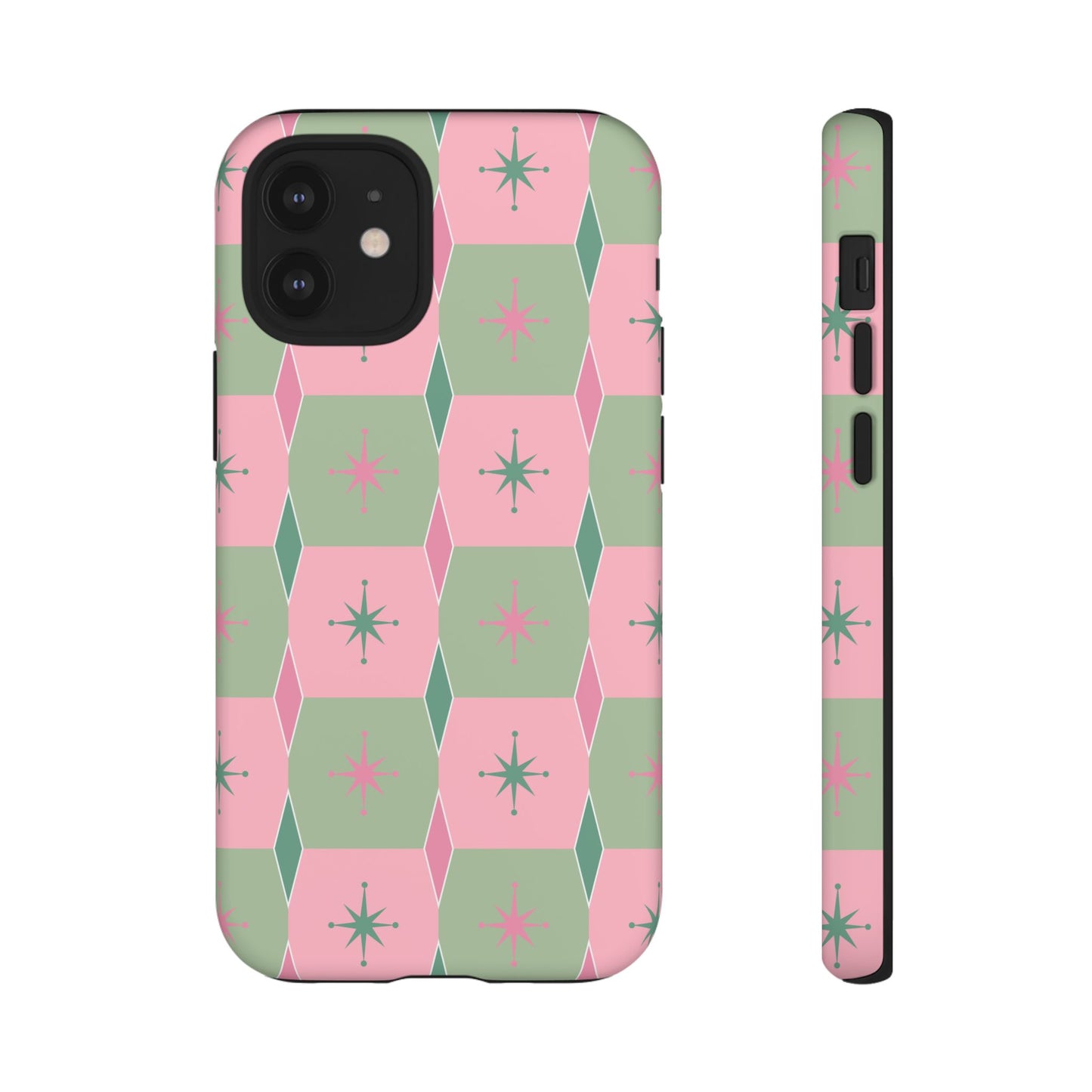 1950s Retro Square and Diamond Pattern in Pink and Green Tough Cases