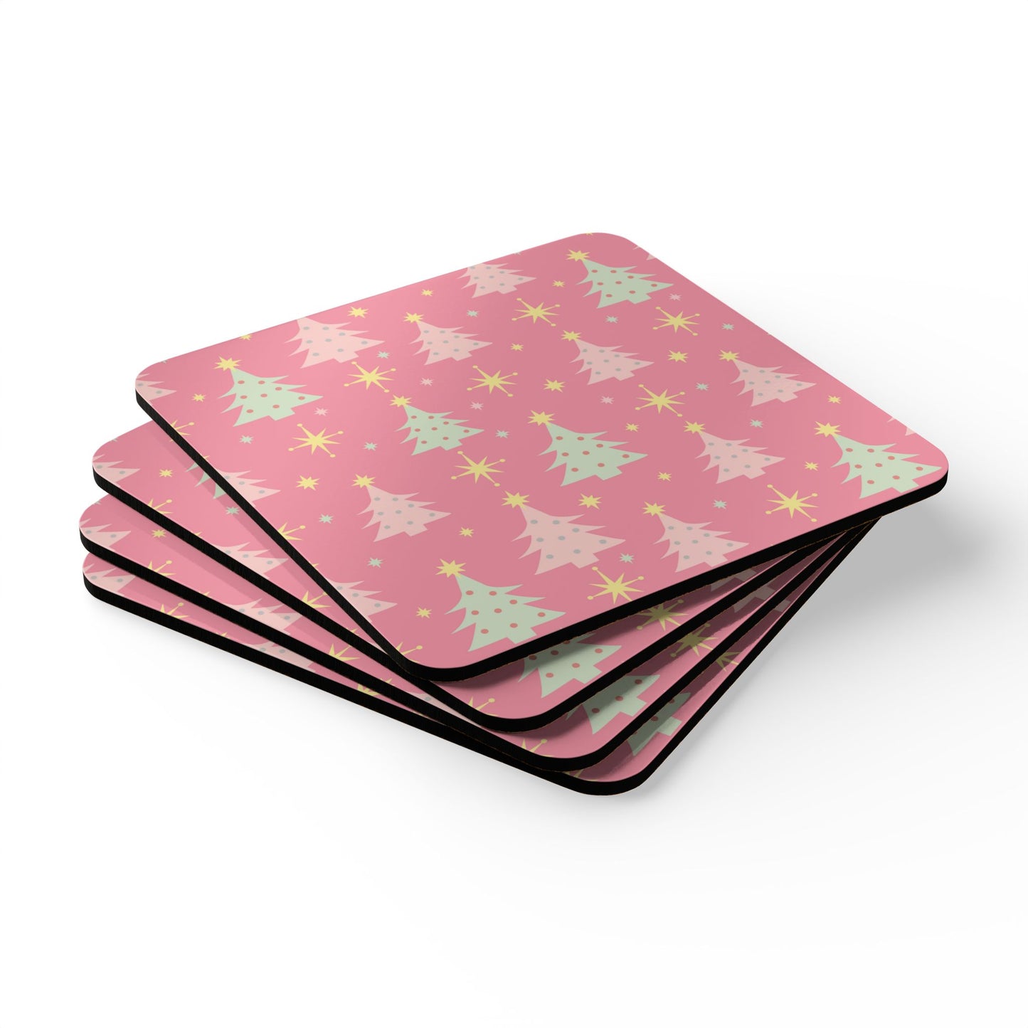 Pink Retro Christmas Tree Cork Coaster Set
