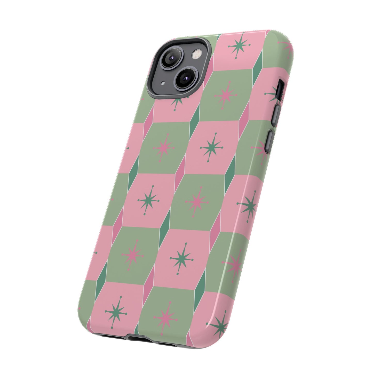 1950s Retro Square and Diamond Pattern in Pink and Green Tough Cases