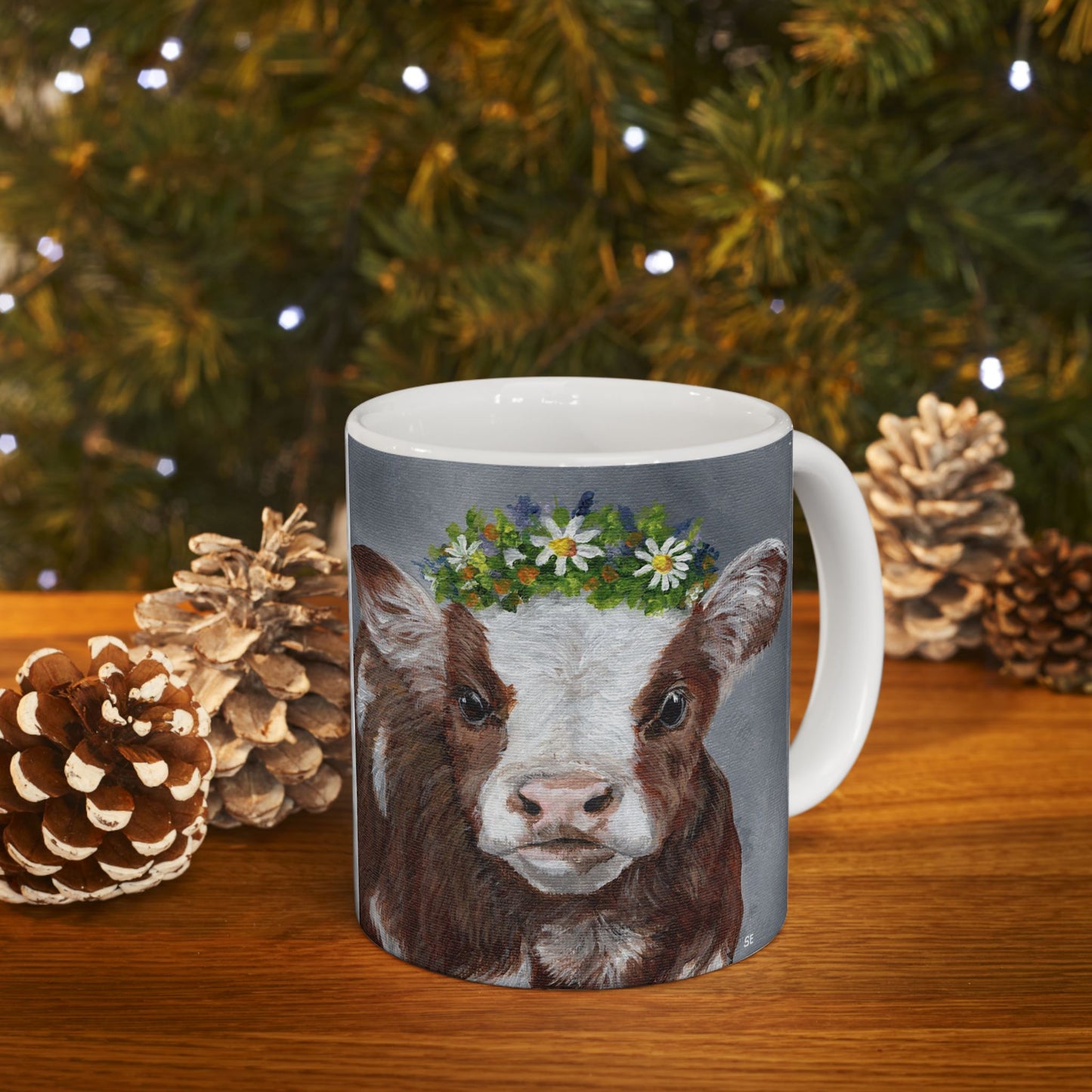 Cow with Daisy Crown Ceramic Mug — Cute Farm Animal Coffee Cup (11oz, 15oz)