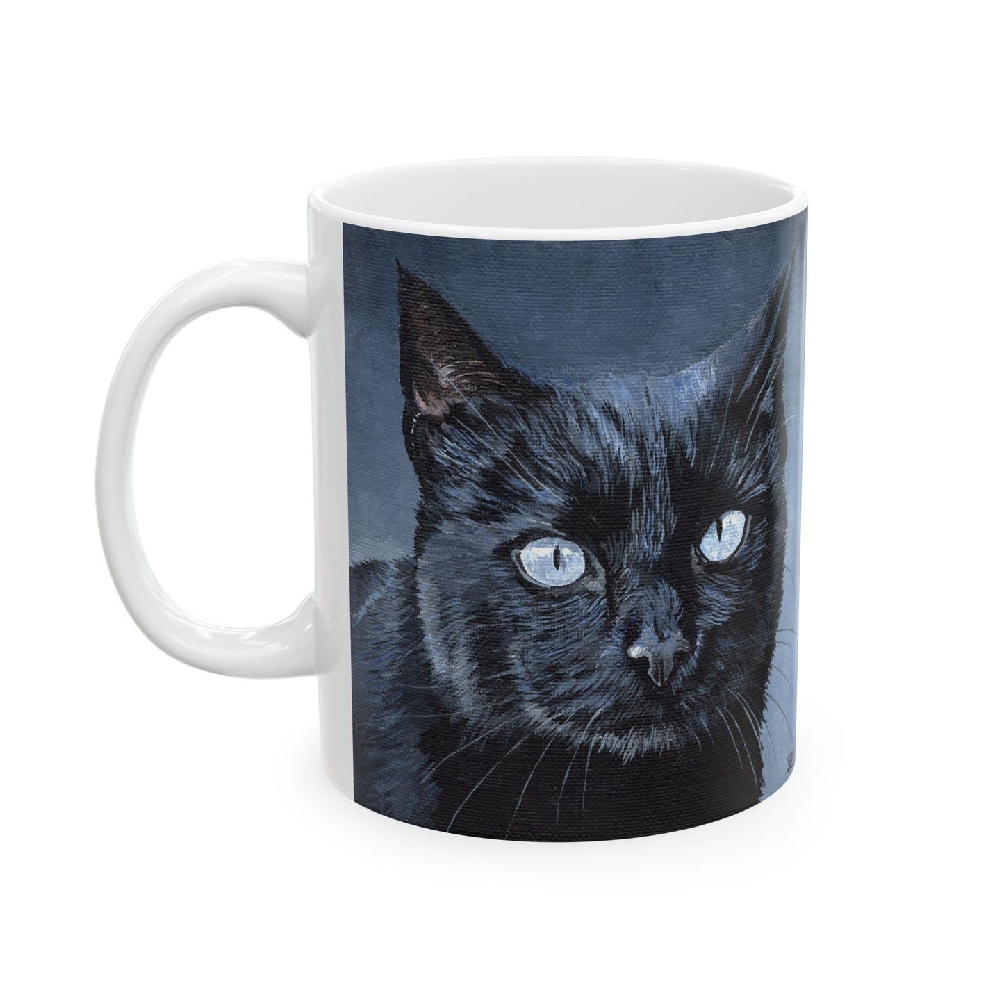 Black Cat Portrait Mug — Ceramic Coffee Cup with Moody Blue Background (11oz, 15oz)