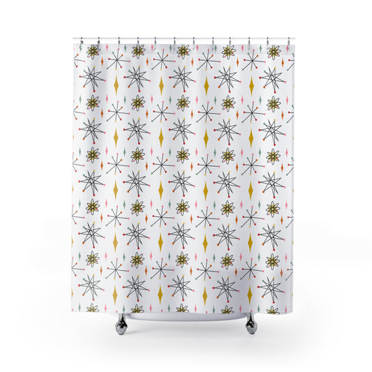 Mid-Century Starburst Shower Curtain — Retro Atomic Geometric Bathroom Decor