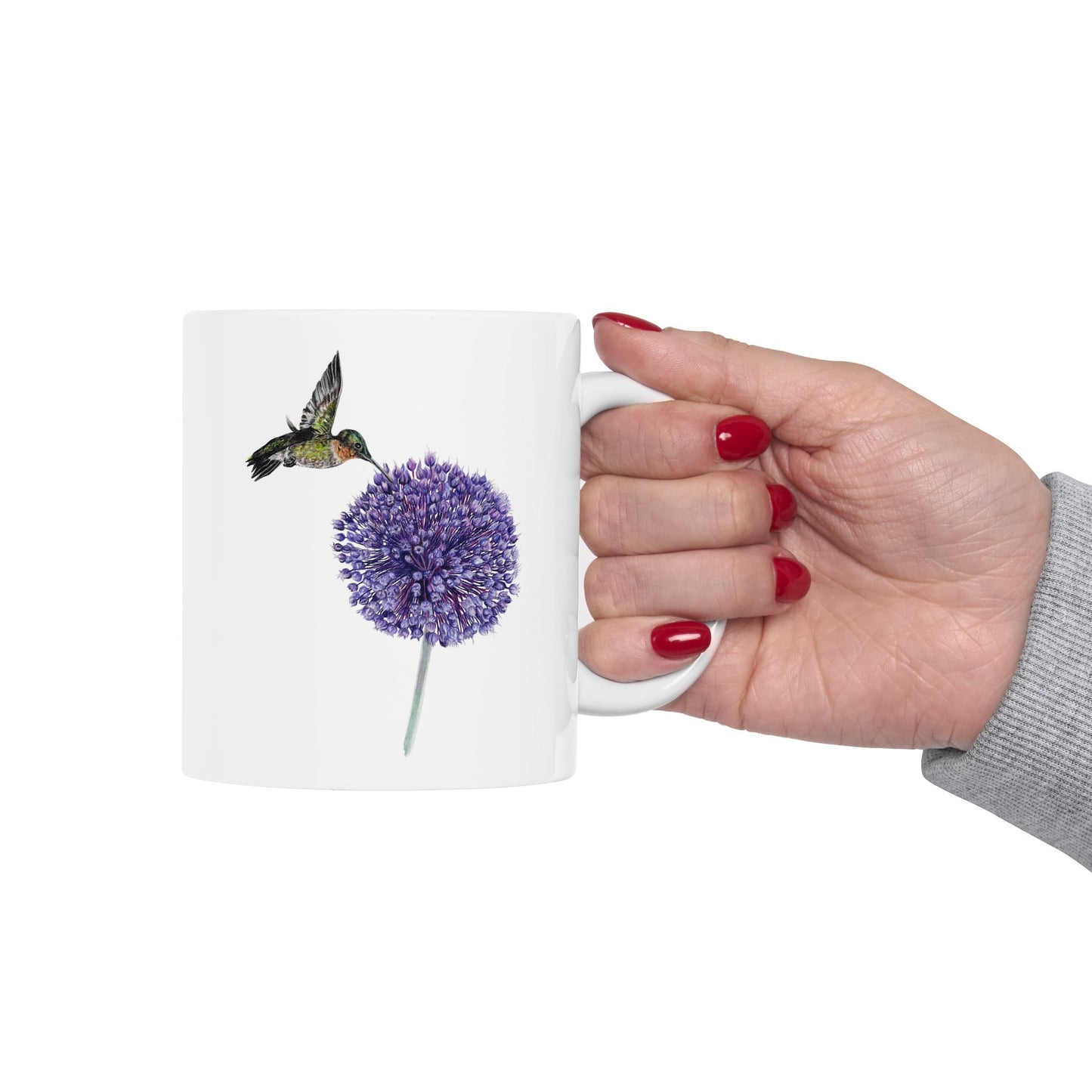 Hummingbird and Yorktown Onion Ceramic Mug — Purple Allium Floral & Hummingbird Coffee Cup (11oz & 15oz)