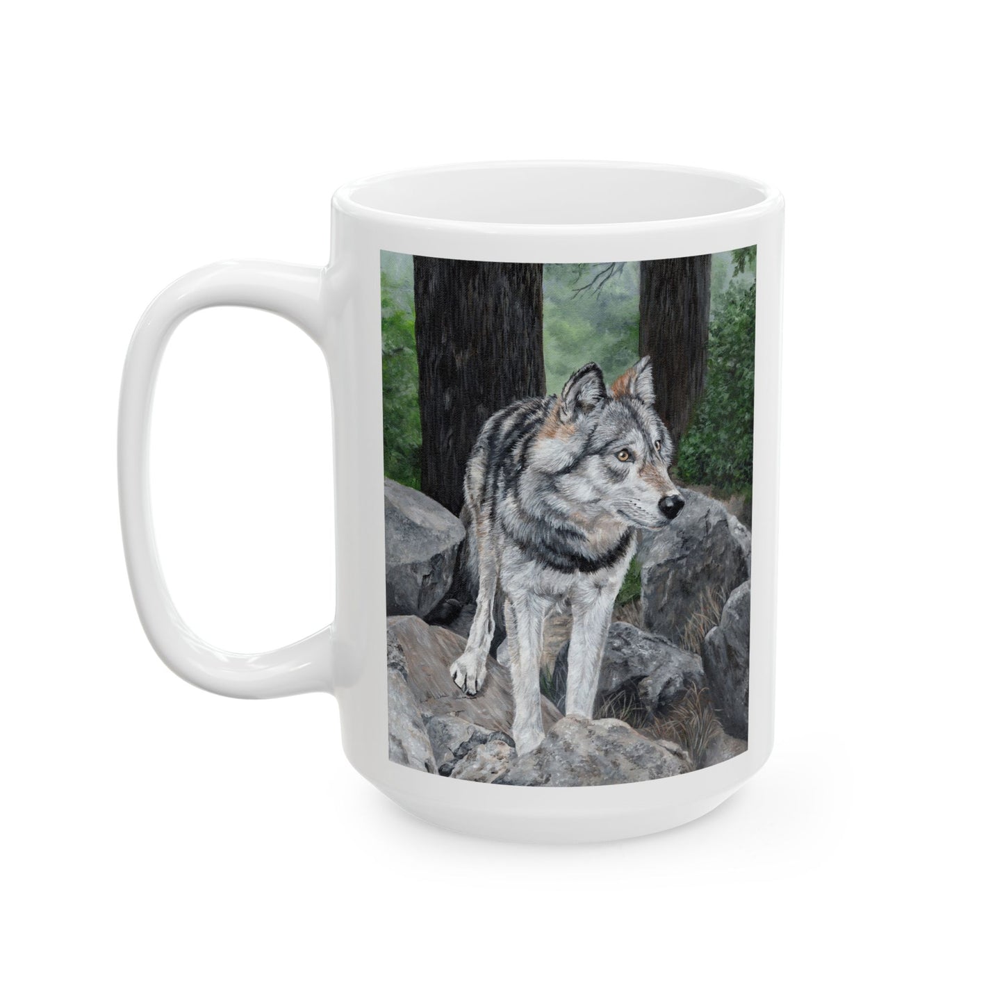 Wolf in the Woods Ceramic Mug — Rustic Nature Coffee Cup (11oz/15oz)