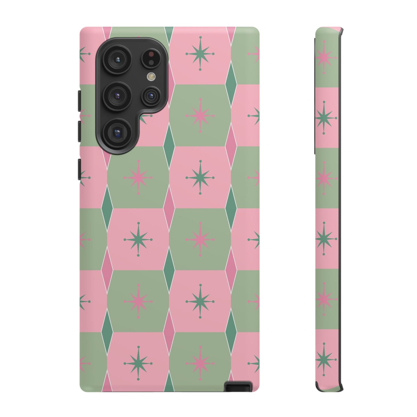 1950s Retro Square and Diamond Pattern in Pink and Green Tough Cases